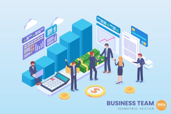 业务团队建设主题等距矢量素材库精选概念插画 Isometric Business Team Vector Concept
