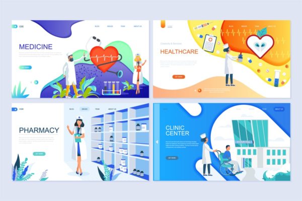 医疗健康主题扁平设计风格着陆页概念插画 Set of Landing Page Templates Flat Concept