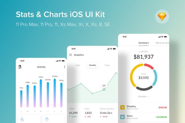 iOS平台数据统计信息图表界面UI设计套件SKETCH模板 Stats &amp; Charts iOS UI Kit (Sketch)