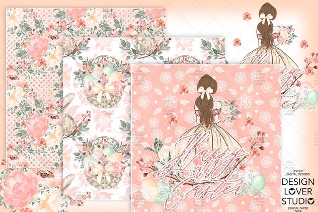 复活节快乐女孩水彩花卉剪贴画套装 Happy Easter Girl digital paper pack插图(1)