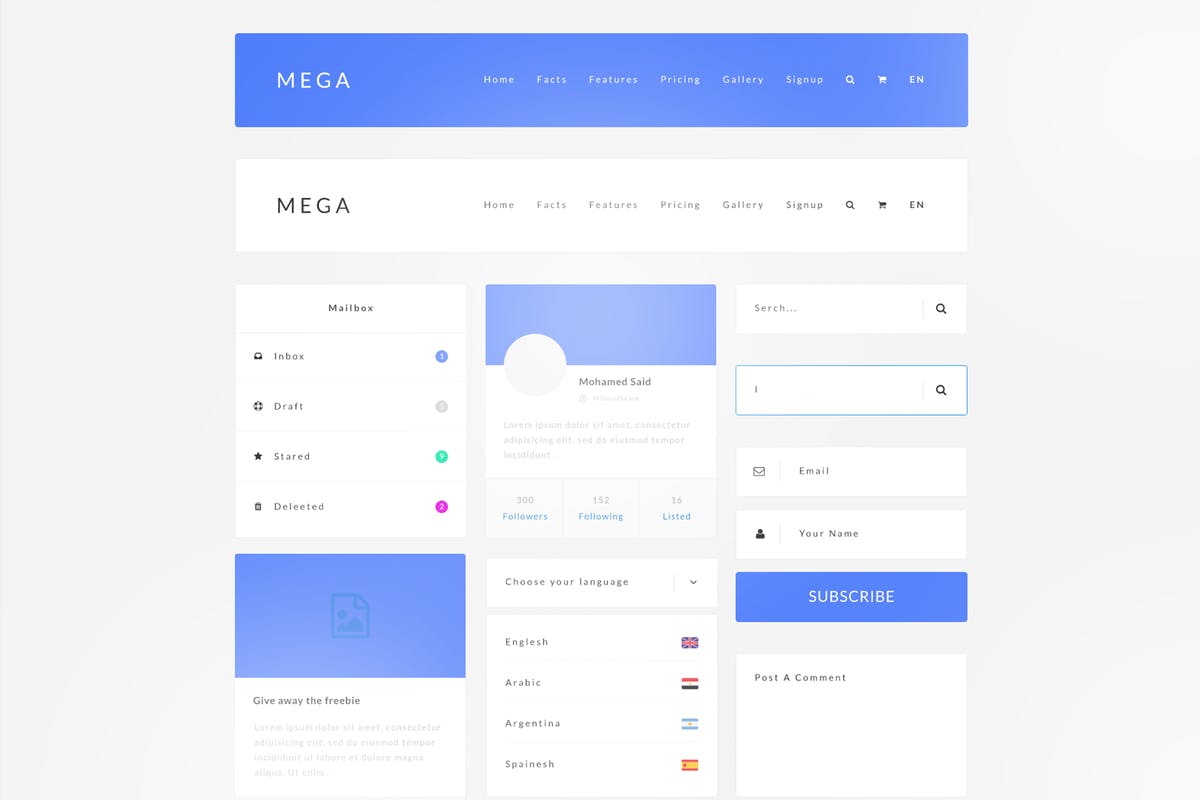 简约现代设计风格Web用户界面UI模板 Mega Ui Kit插图