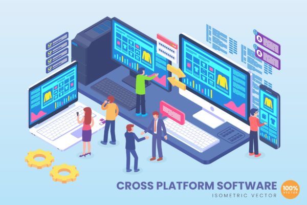 跨平台软件开发主题等距矢量素材库精选概念插画 Isometric Cross Platform Software Vector Concept