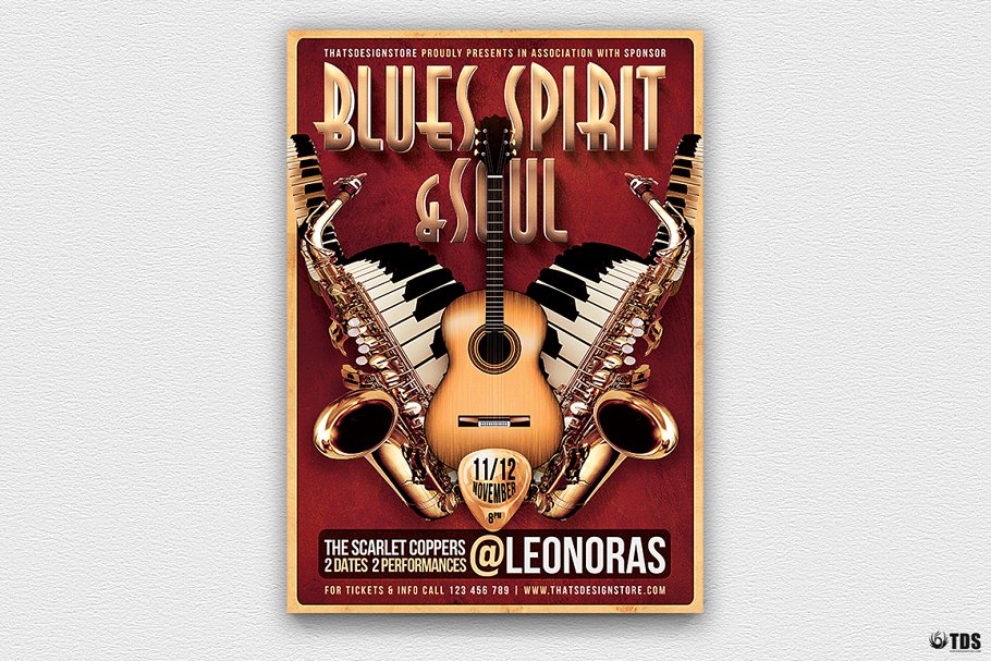蓝调&灵魂音乐节活动海报传单设计模板 Blues and Soul Live Flyer PSD插图(1)
