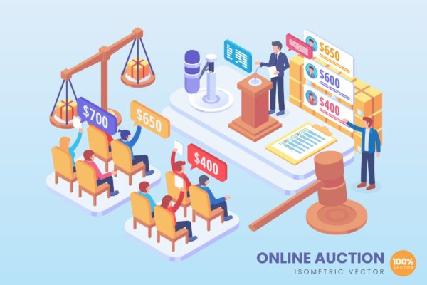 在线拍卖主题等距矢量素材库精选概念插画 Isometric Online Auction Vector Concept
