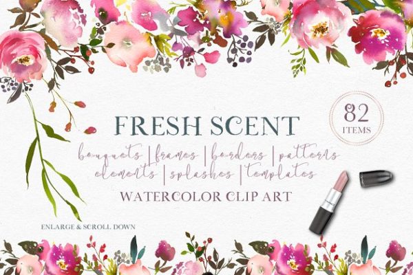 清新芳香的花饰花卉水彩剪贴画素材 Fresh Scent Pretty Floral Clipart