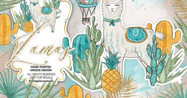 羊驼水彩剪贴画设计素材 Lama boy design