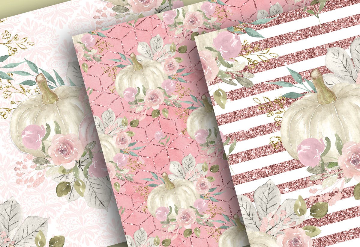 花卉&南瓜水彩手绘图案纸张设计素材 Floral pumpkin digital paper pack插图(4)