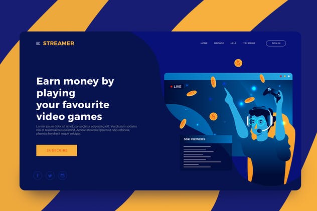 视频游戏流概念插画网站着陆页模板 Video Game Streaming Illustration插图(1)