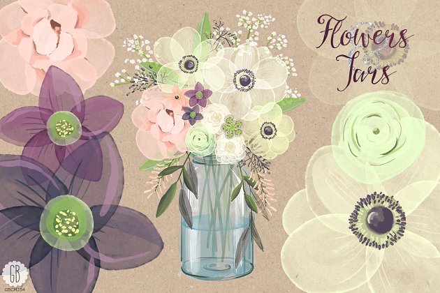 水彩银莲花（海葵）插花插画 Watercolor anemones baby breath jar插图