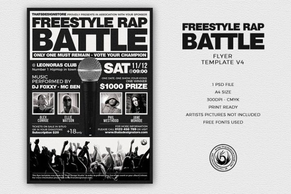 即兴说唱饶舌音乐海报PSD传单模板V4 Freestyle Rap Battle Flyer PSD V4