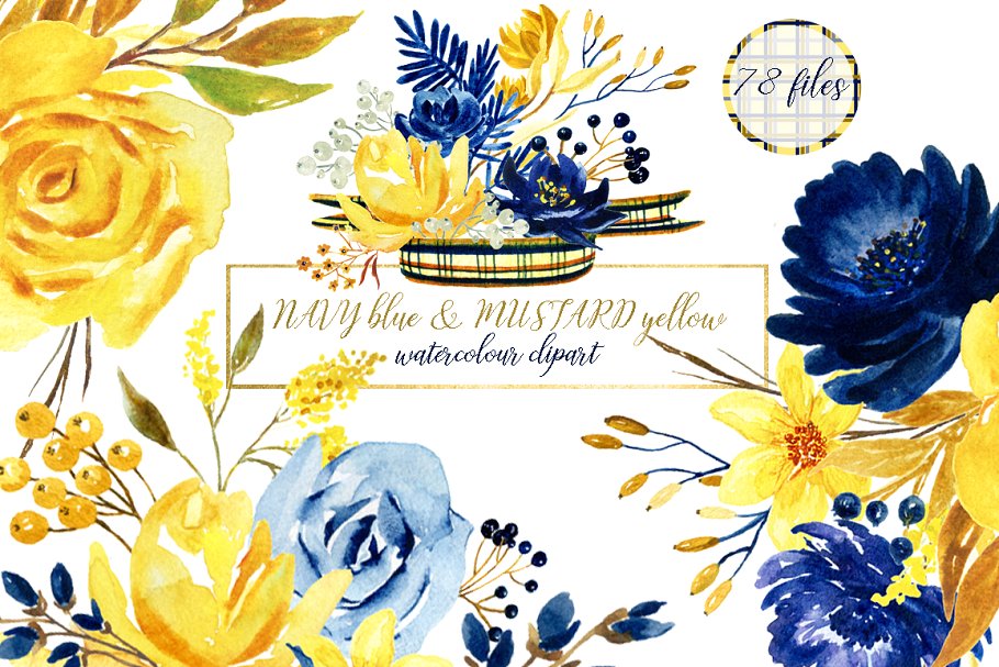 海军蓝&芥末黄水彩花卉插画素材 Navy blue & mustard yellow flowers插图(1)