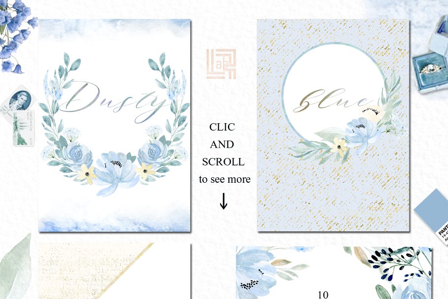 灰蓝色&金色水彩花卉图案 Dusty blue gold. Watercolor floral插图(1)