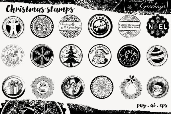 圣诞节日主题封条数码印章设计 Christmas Seals Digital Stamp Set