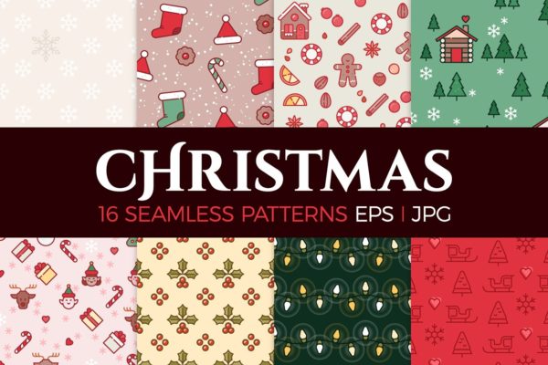16个圣诞主题矢量无缝图案 16 Christmas seamless patterns