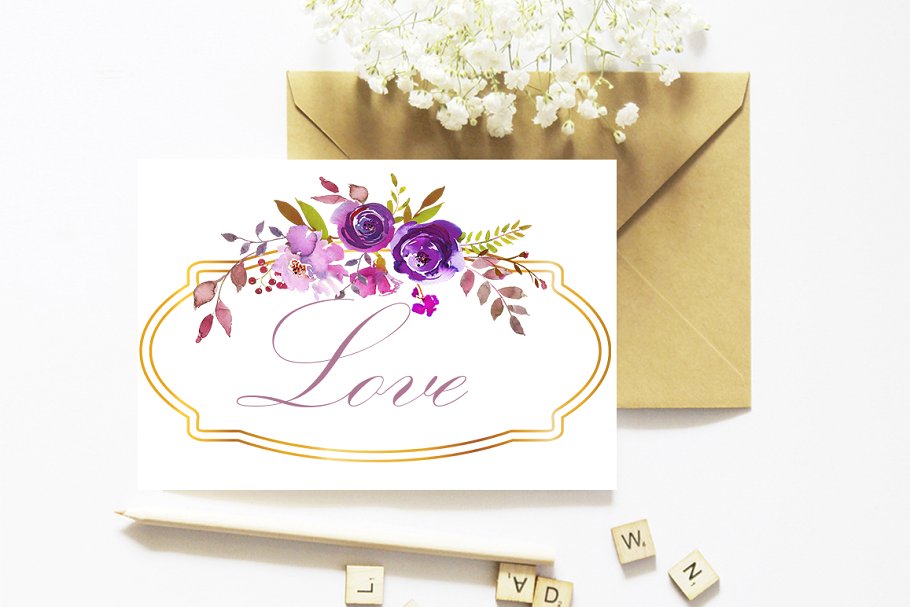 紫罗兰紫色花卉水彩剪贴画 Violet Purple Watercolor Flowers插图(8)