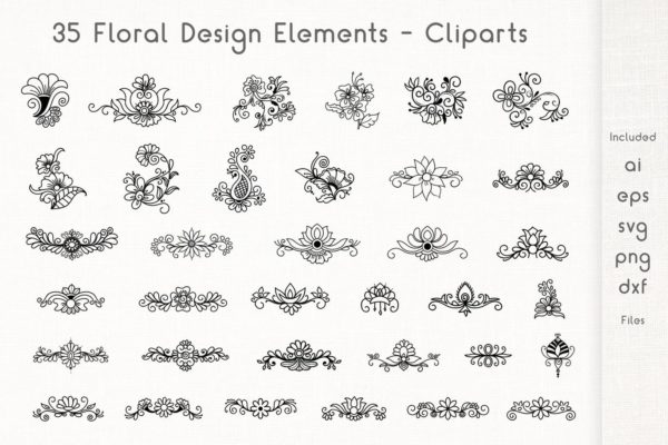 35个矢量手绘花卉设计元素剪贴画素材 Floral Design Elements – Cliparts