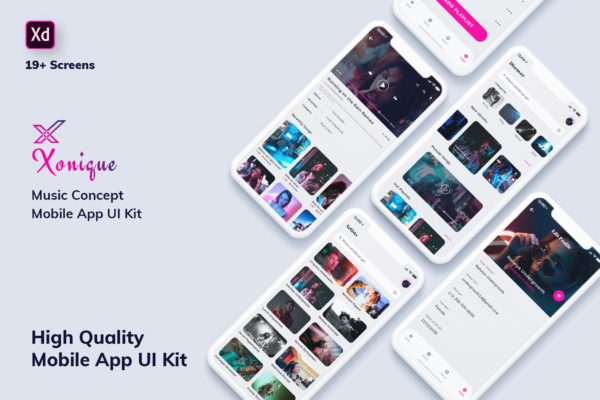 在线音乐播放听歌APP应用UI设计XD模板[日间模式版本] Xonique-Music MobileApp UI Kit Light Version (XD)