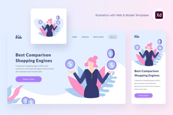 价格比较理性购物主题概念插画素材[XD&amp;SVG] Vela comparing prices illustration (Adobe XD, SVG)