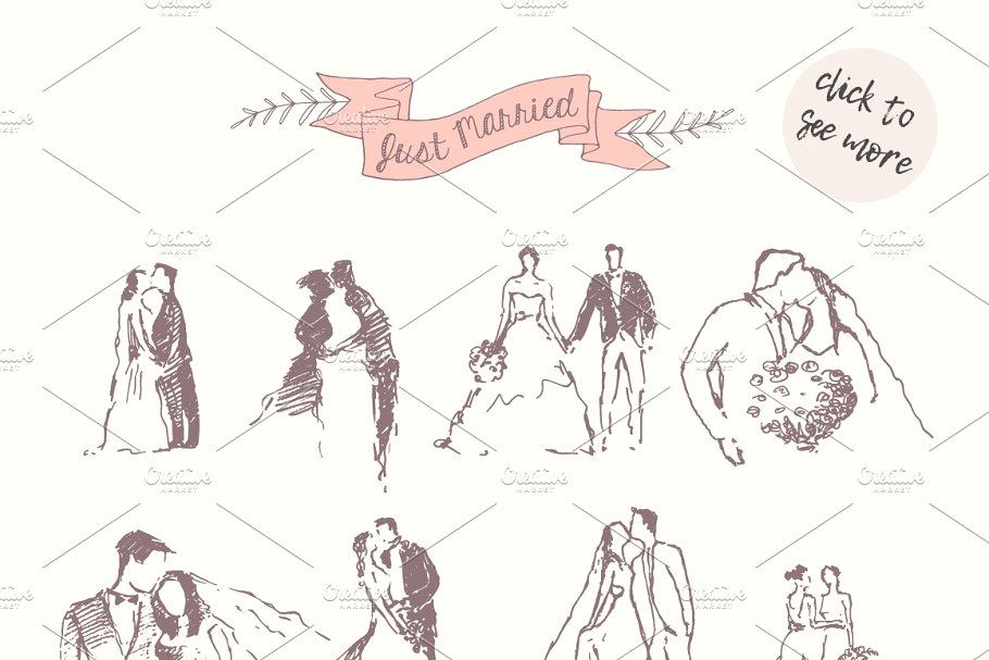 简笔画甜蜜婚礼素描插图 Big set of wedding illustrations插图(1)