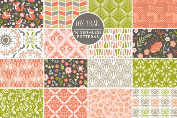 可爱狐狸花卉几何背景 Cute Fox Trail Woodland Patterns
