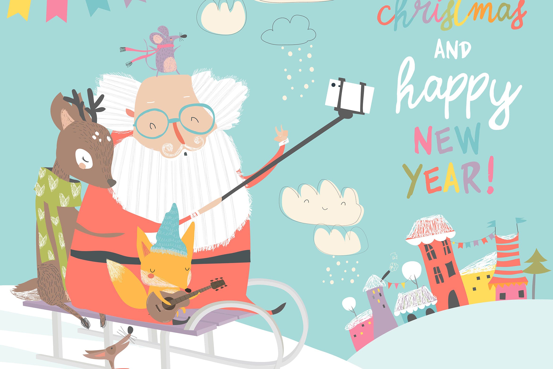 圣诞老人/驯鹿/狐狸矢量手绘圣诞主题素材 Santa take a selfie with reindeer and fox. Vector插图