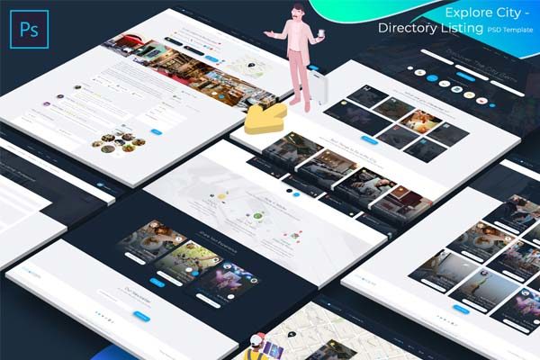 素材库下午茶：城市全貌介绍与探索相关功能的网站模板UI KITS 下载