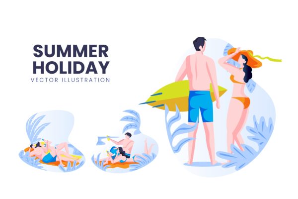 海滩度假主题人物形象素材库精选手绘插画矢量素材 Summer Holiday Vector Character Set