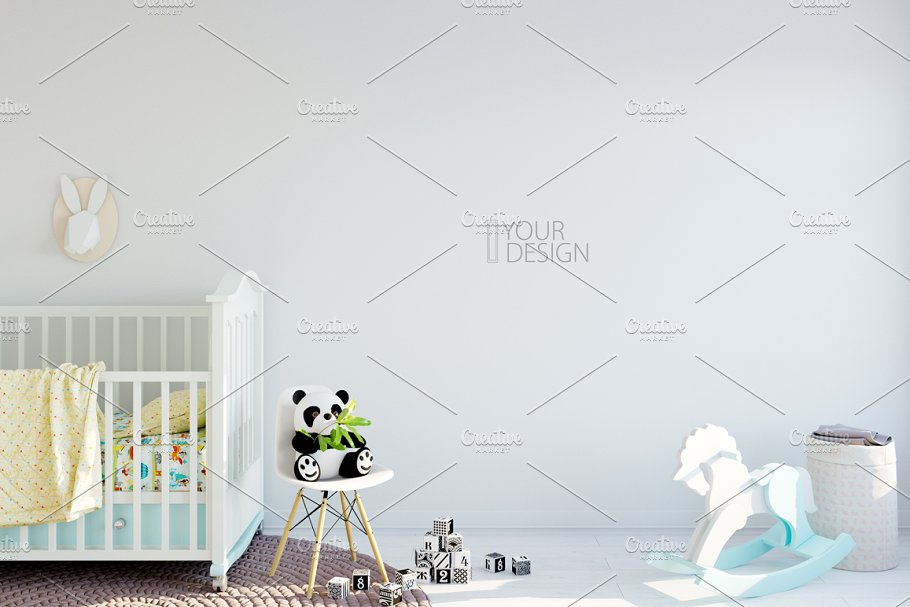 儿童主题室内墙纸设计展示和相框画框样机 Kids Interior Wall & Frames Mockup 1插图(3)