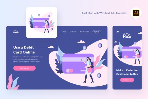 刷卡消费概念插画设计素材[AI&amp;SVG] Buying via debit card illustration (AI, SVG)