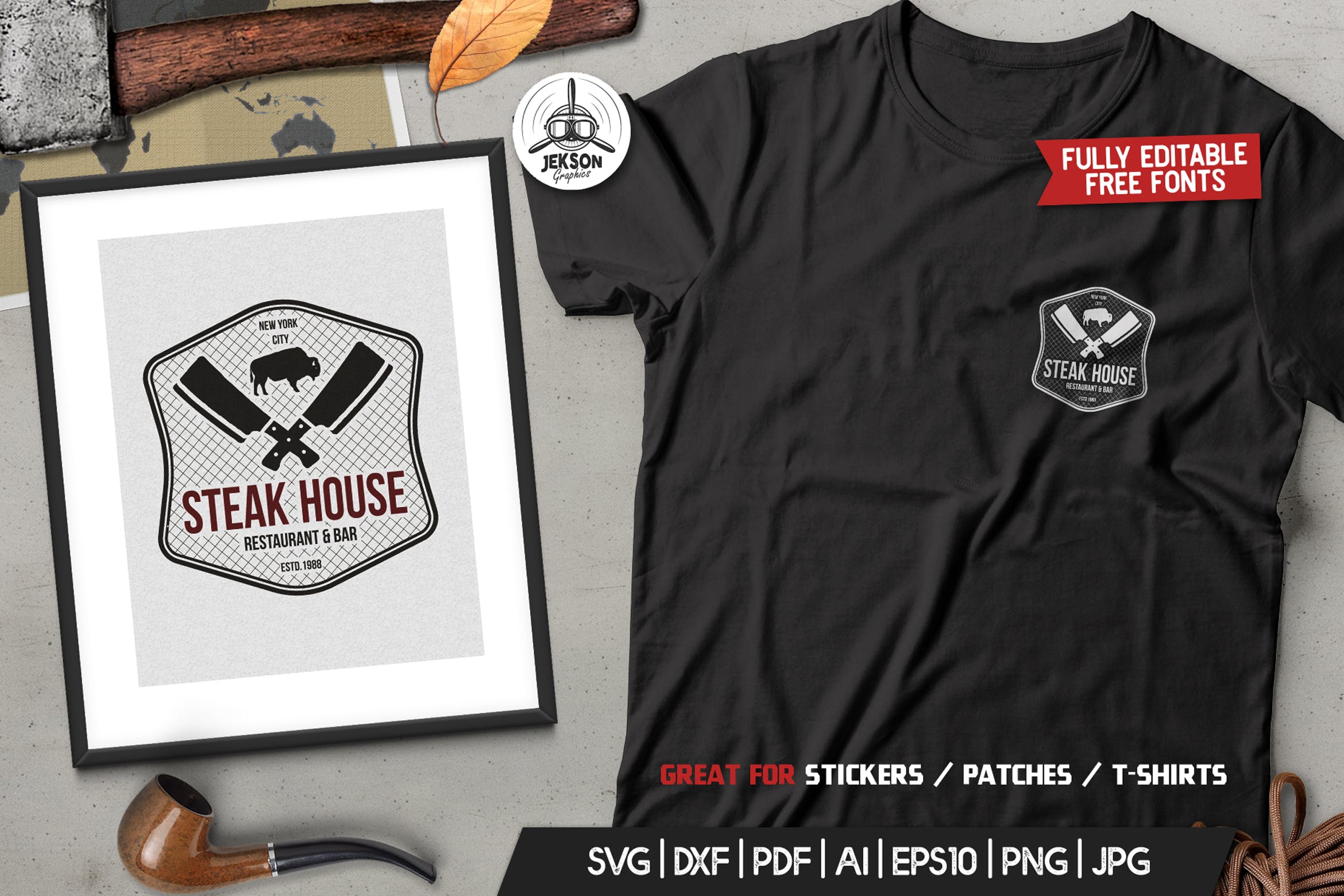 牛排屋餐厅Logo设计T恤印花图案设计素材 Steak House Logo Design TShirt. Retro Vector SVG插图