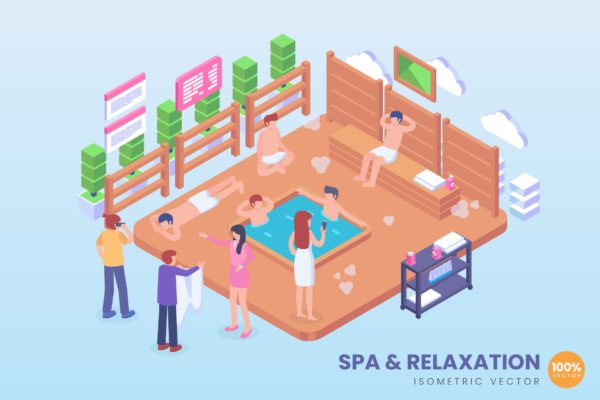 温泉SPA场景等距概念矢量插画 Isometric Spa &amp; Relaxation Hot Pool Vector Concept