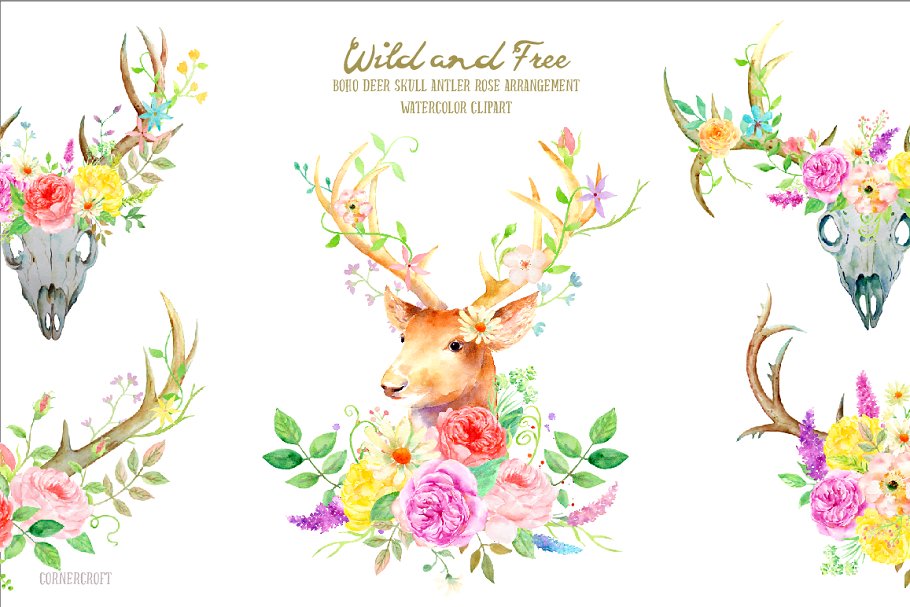 鹿与玫瑰水彩剪贴画 Watercolor Deer and Rose插图(1)