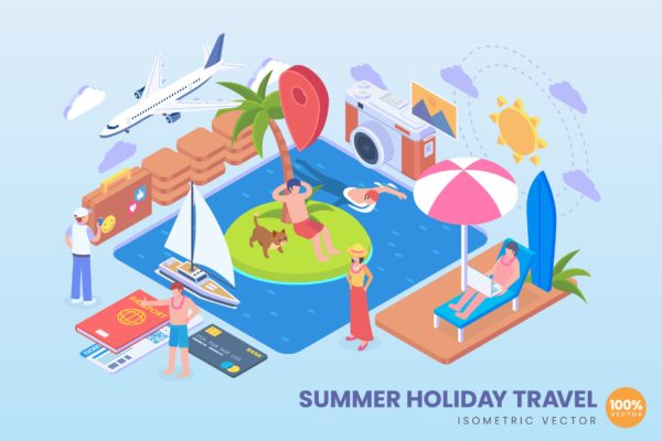 暑假旅行旅游主题等距素材库精选概念插画 Isometric Summer Holiday Vector Concept