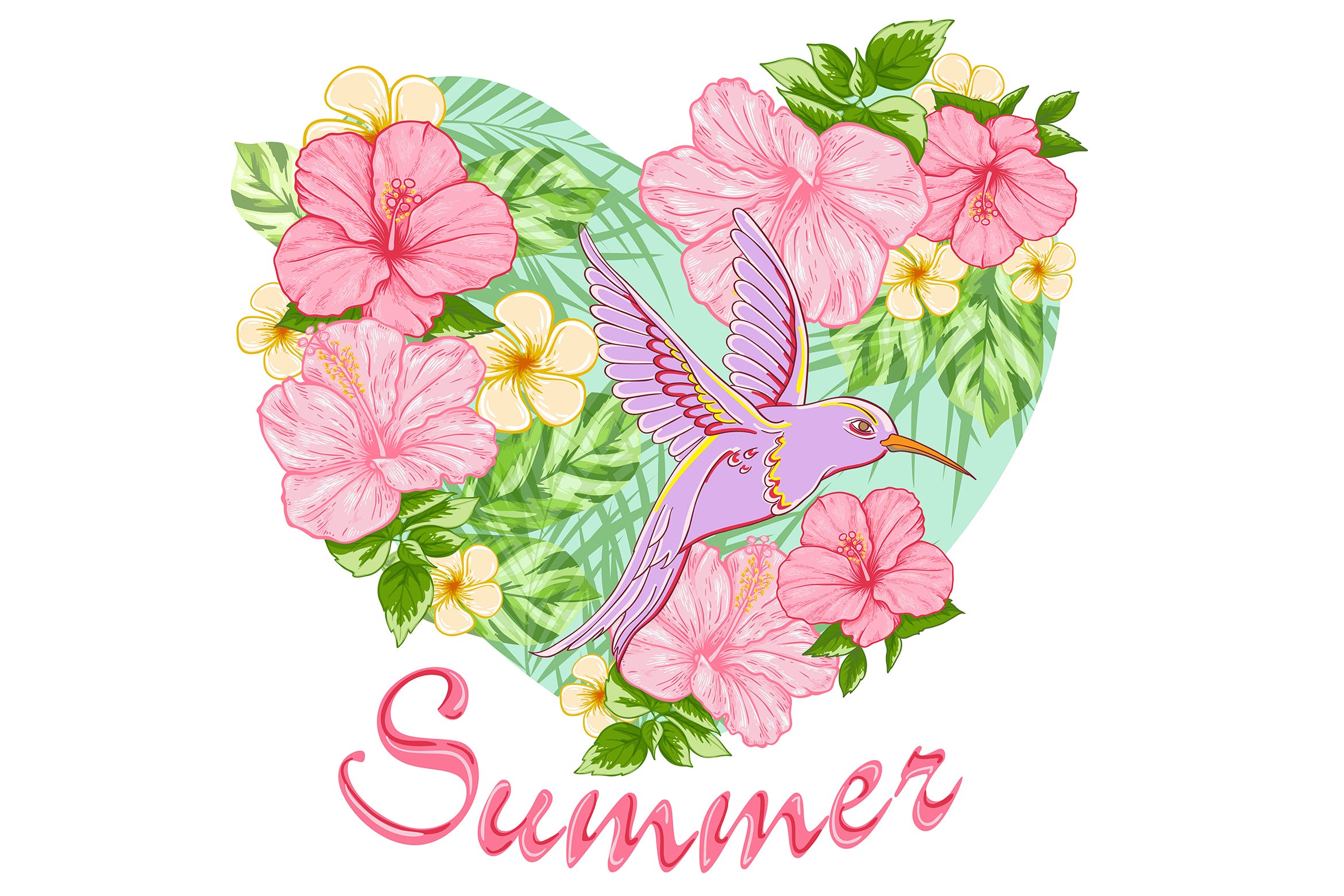 热带花卉与鸟矢量插画素材 Tropical Flowers and Bird插图