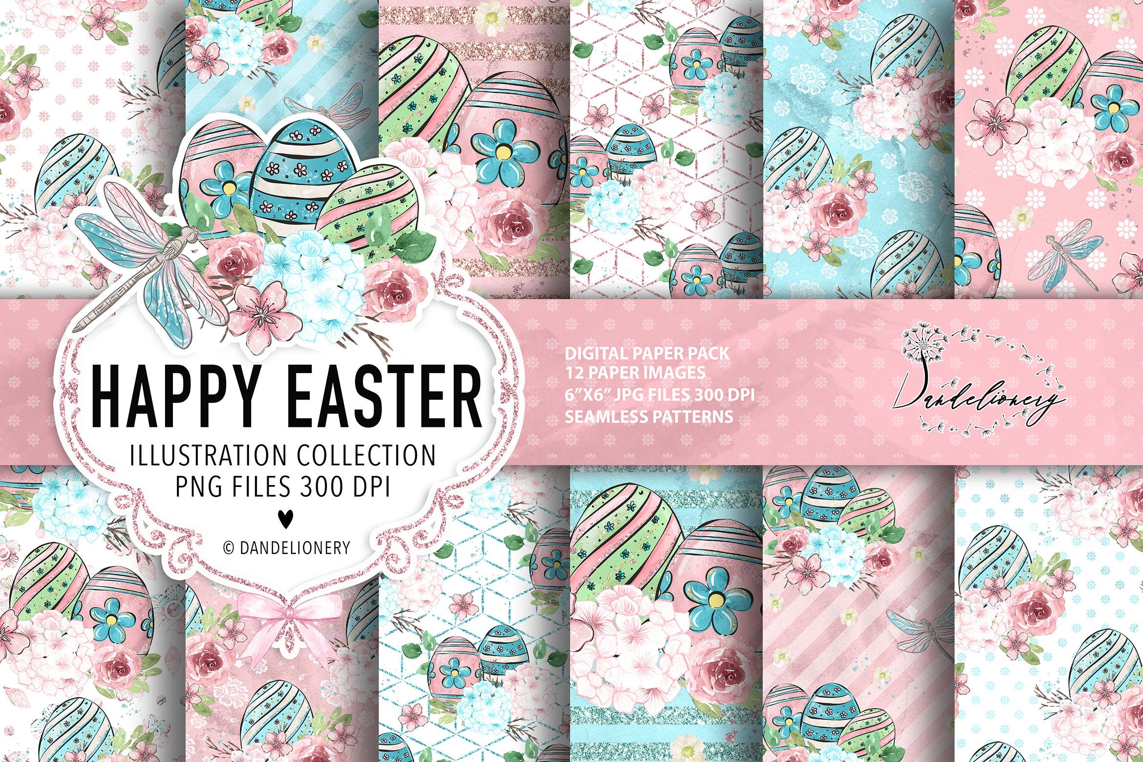 复活节蜻蜓水彩手绘数码纸张图案设计背景素材 Happy Easter dragonfly digital paper pack插图