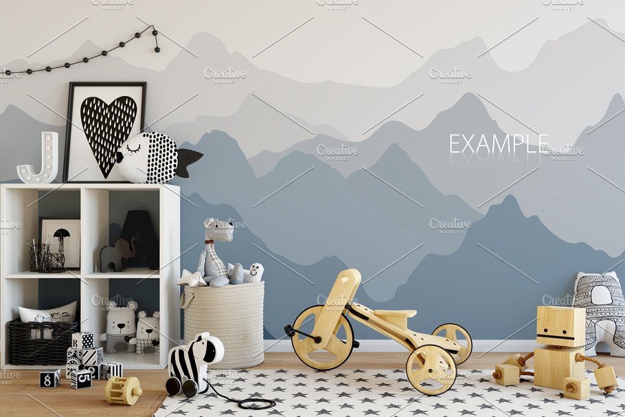 儿童主题室内墙纸设计展示和相框画框样机 Kids Interior Wall & Frames Mockup 1插图(25)