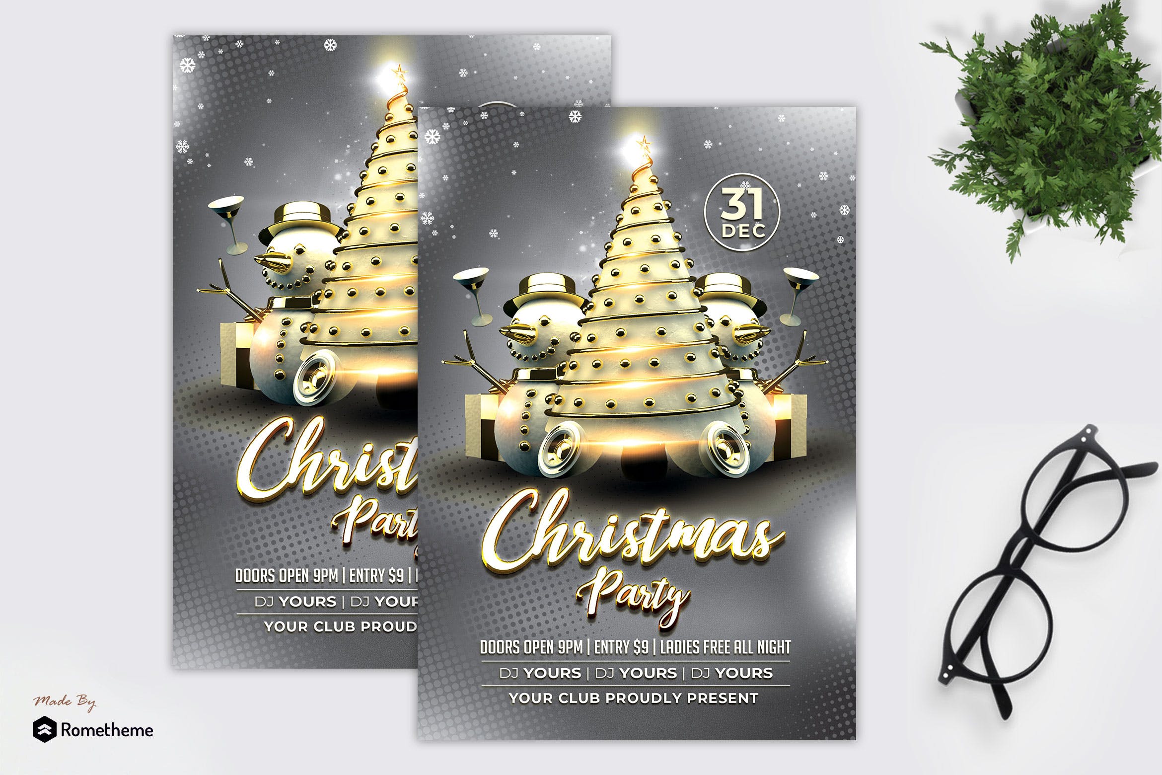 白金设计风格圣诞节派对邀请海报传单素材库精选PSD模板 Christmas Whitegold Party Flyer MR插图
