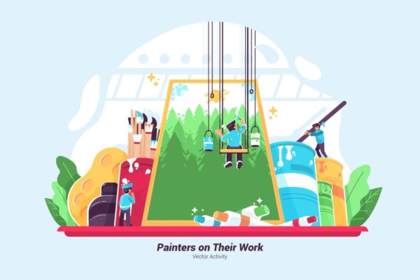 画家艺术创作工作矢量插画素材 Painters On Their Work – Vector Illustration