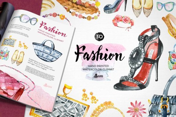 手绘时尚饰物饰品插画素材 Fashion Watercolor Clipart