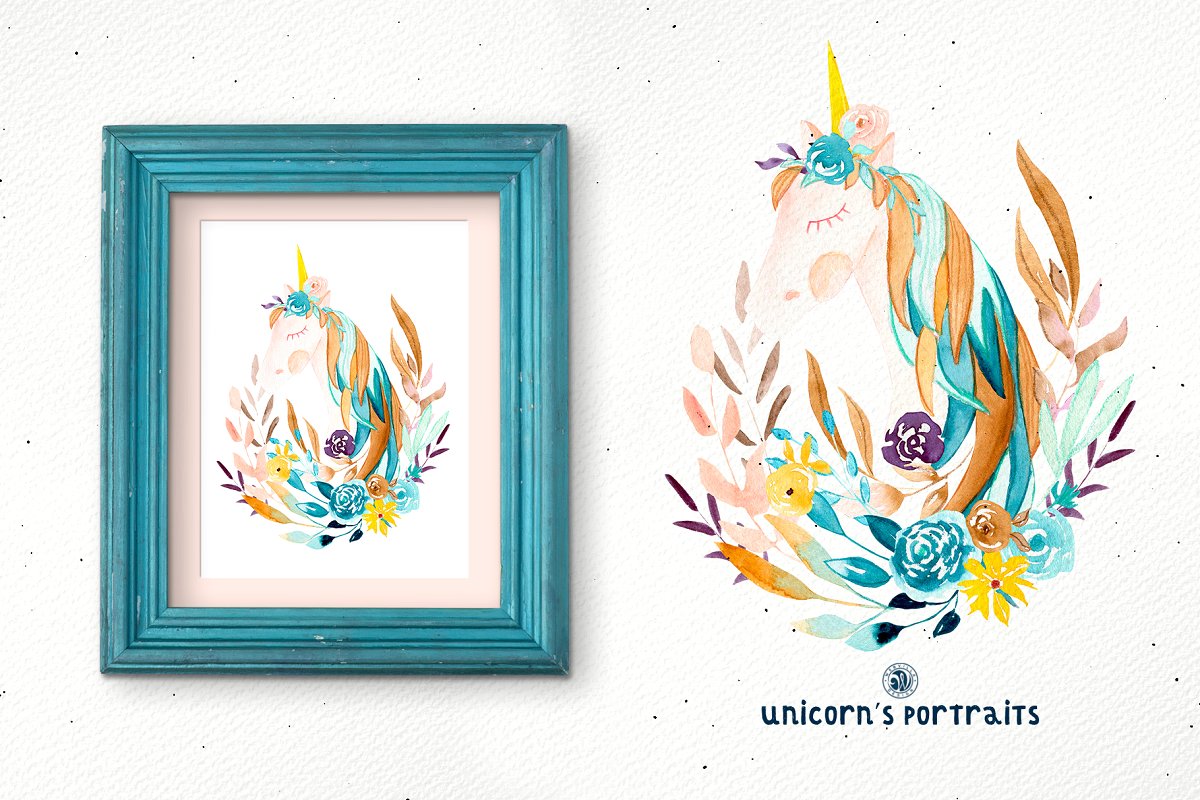 独角兽的肖像鲜花水彩插画插图(3)