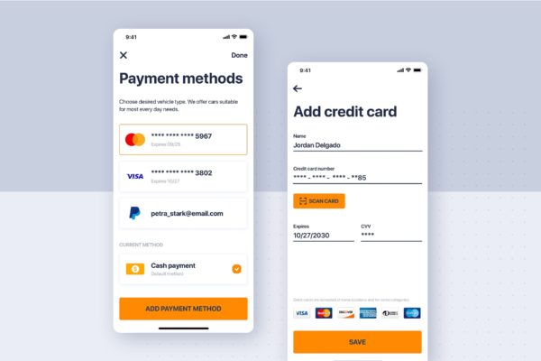 类滴滴打车APP应用支付方式界面设计模板 Car rental mobile UI Kit – Payment Method