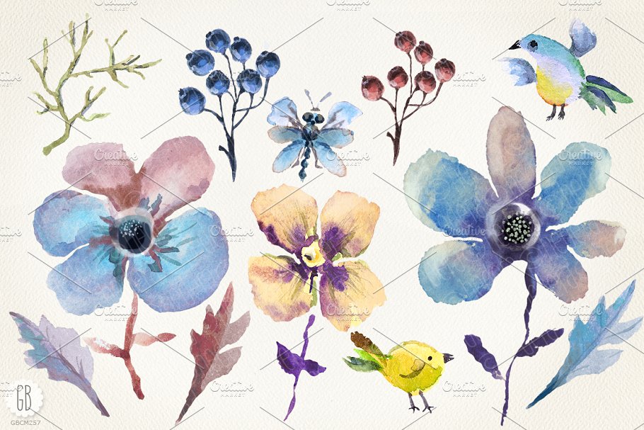 花朵、鸟儿、蝴蝶及乡村背景元素 Aquarelle blue flowers插图(1)