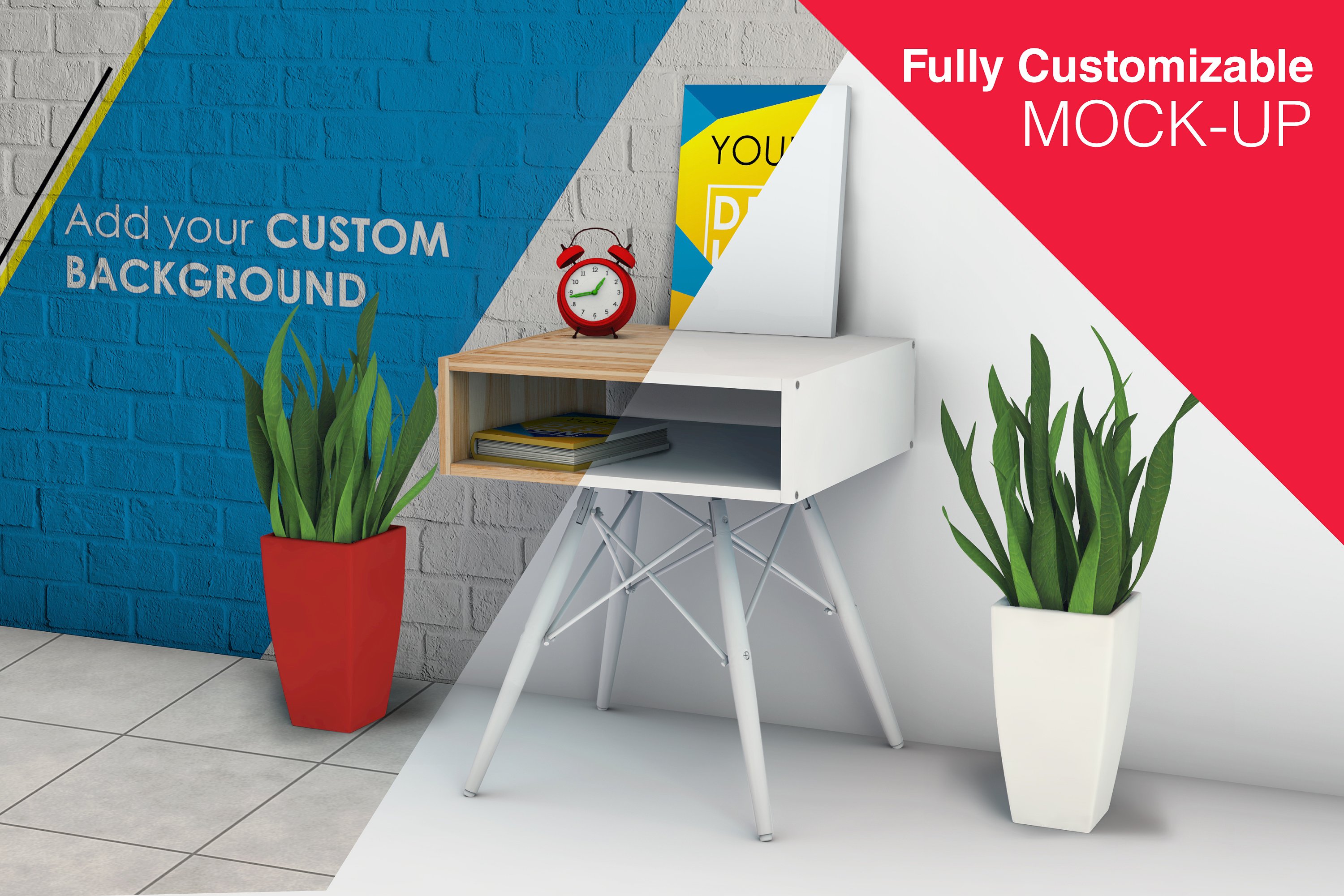 简约固定式办公桌和海报模型Mockups插图