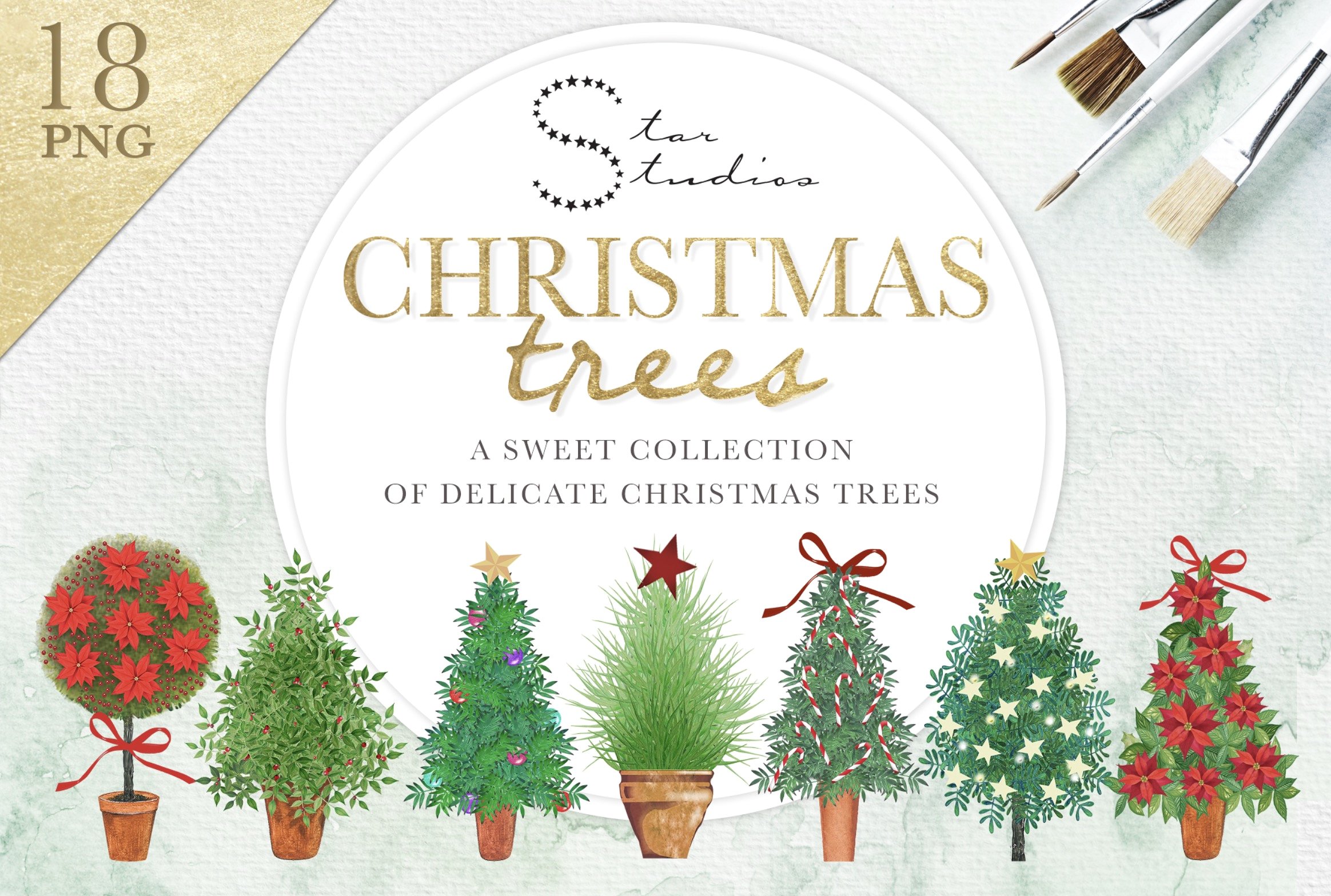 18个水彩圣诞树的甜美小集合插图