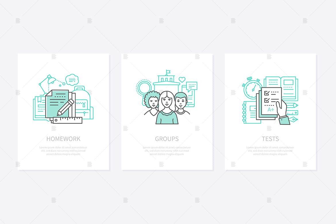 创意学生任务主题线条艺术图标插画素材 Homework assignment, task concept icons set插图