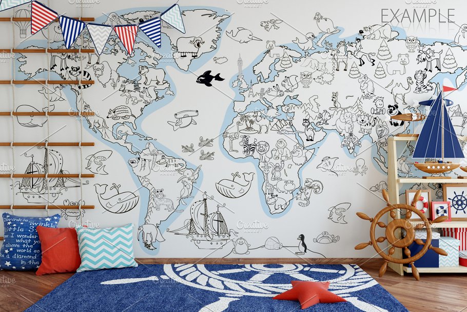 儿童主题室内墙纸设计展示和相框画框样机 Kids Interior Wall & Frames Mockup 1插图(21)