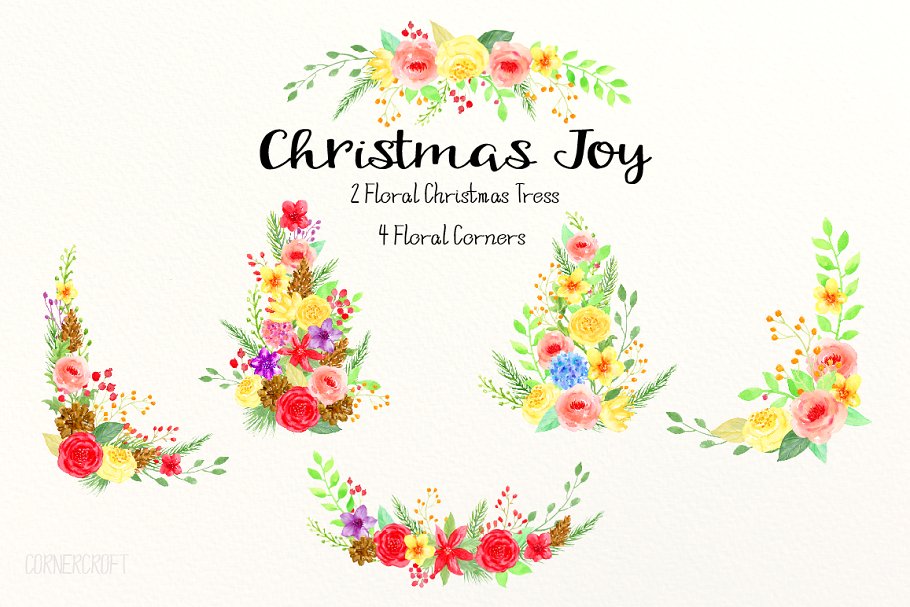 圣诞主题水彩插花套装 Christmas Floral Arrangement插图