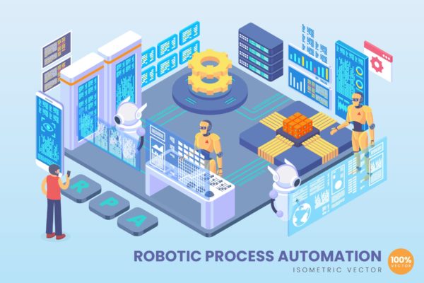 机器人自动化生产技术等距矢量素材库精选科技概念插画 Isometric Robotic Process Automation Vector