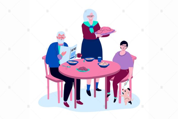 家庭聚餐-扁平设计风格矢量插画素材库精选素材 Family having dinner – flat design illustration