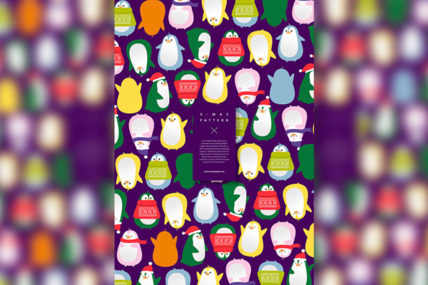多彩的企鹅圣诞主题背景图案psd素材